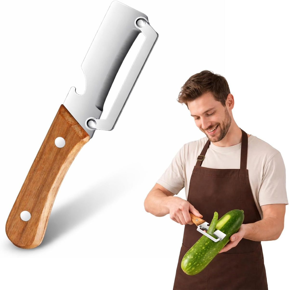 Multifunctional Vegetable Peeler, Stainless Steel Vegetable Peeler for Kitchen with Wooden Handle & Bottle Opener, Heavy Duty Fruit Apple Potato Peeler, Ergonomic Grip (1PCS)