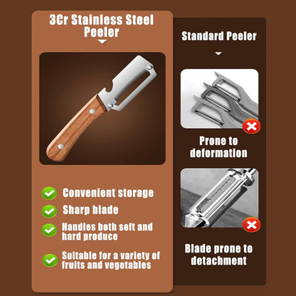 Multifunctional Vegetable Peeler, Stainless Steel Vegetable Peeler for Kitchen with Wooden Handle & Bottle Opener, Heavy Duty Fruit Apple Potato Peeler, Ergonomic Grip (1PCS)